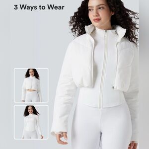 NWT PuffFlex 3-in-1 Stand Collar Casual Cropped Puffer Coat & Thumb Holes -White